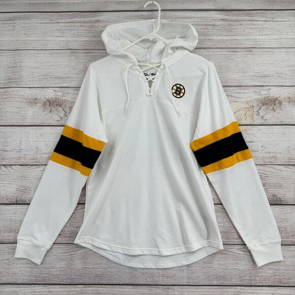 NHL GIII 4Her Boston Bruins Tie Front Hoodie Womens White Black Yellow Striped - Picture 1 of 11